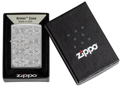 Zippo lighter front view Armor® high polish chrome plated with deep engraved lines in open box