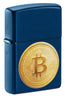 Zippo Lighter Front View ¾ Angle in Navy Blue with Textured Image of a Bitcoin