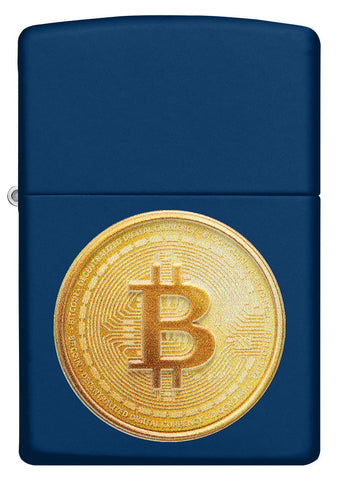 Zippo Lighter Front View in Navy Blue with Textured Image of a Bitcoin