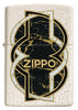 Zippo lighter front view in white Mercury Glass optic with black gold marbled shape in the middle wrapped by a white and a black line