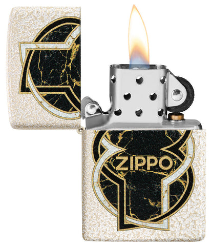 Zippo lighter front view opened and lit in white Mercury Glass look with black gold marbled shape in the middle wrapped by a white and a black line