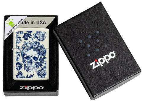 Glow in the Dark Zippo Lighter Skull with Crown Surrounded by Blue Flowers in Open Tin