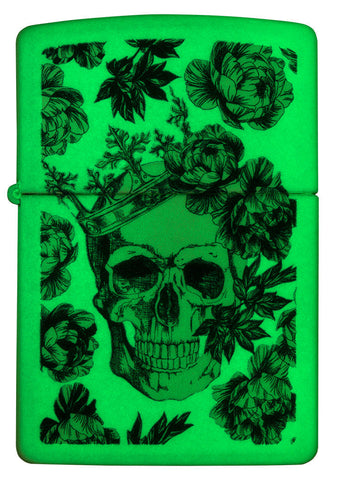 Zippo Lighter Front View Fluorescent Skull with Crown Surrounded by Blue Flowers