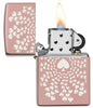 Zippo Lighter High Shine Rose Gold with Many Circular Aces on Chrome Background Opened with Flame