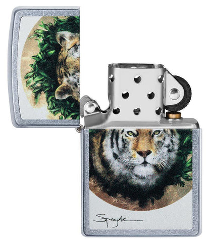 Spazuk Tiger design windproof lighter with its lid open and not lit
