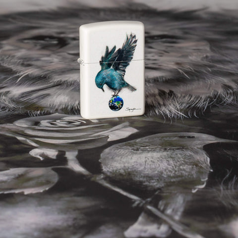 Lifestyle image of Spazuk Bluebird Earth Design Windproof Lighter standing on Spazuk artwork