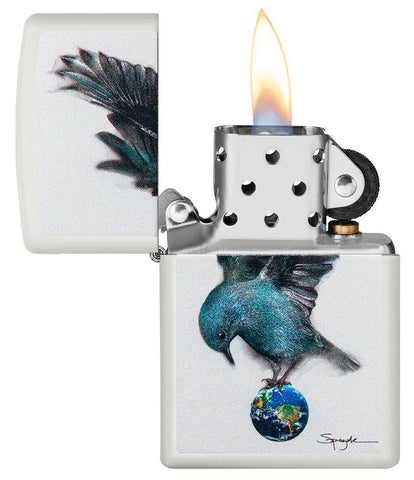 Spazuk Bluebird white matte windproof lighter with its lid open and lit