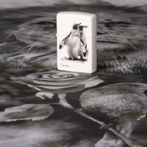 Lifestyle image of Spazuk Penguin Design Windproof Lighter standing on Spazuk artwork