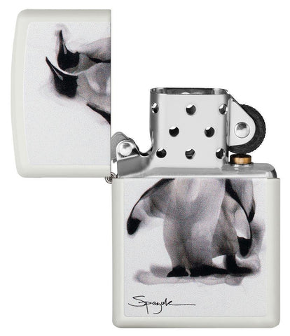 Spazuk Penguin design windproof lighter with its lid open and not lit