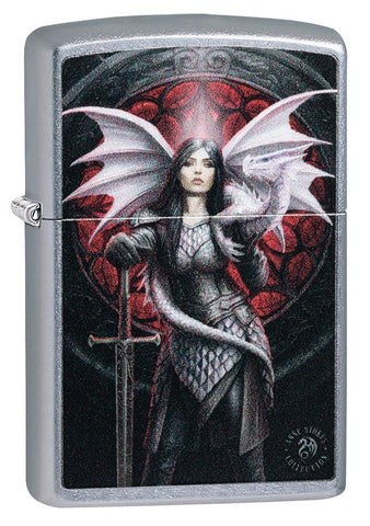 Anne Stokes Dragon Warrior Street Chrome windproof lighter facing forward at a 3/4 angle