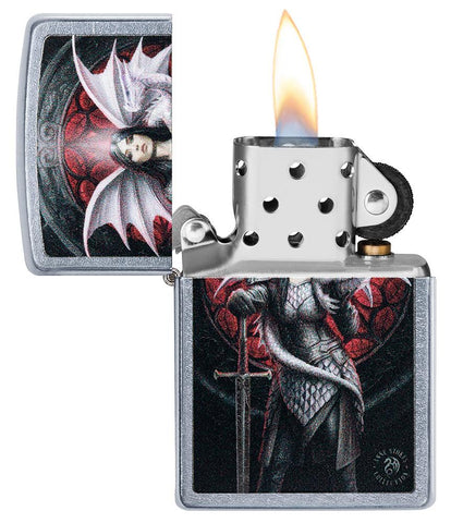 Anne Stokes Dragon Warrior Street Chrome windproof lighter with its lid open and lit
