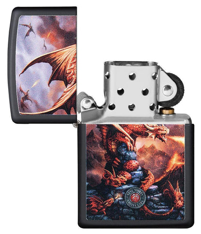 Anne Stokes Dragon design Black Matte windproof lighter with its lid open and not lit