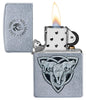 Anne Stokes Wolf design Street Chrome windproof lighter with the lid open and lit