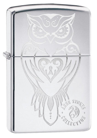 Anne Stokes Owl design High Polish Chrome windproof lighter facing forward at a 3/4 angle