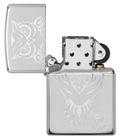 Anne Stokes Owl design High Polish Chrome windproof lighter with its lid open and not lit