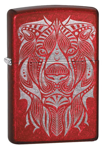 Lion Tattoo Design Candy Apple Red Windproof Lighter facing forward at a 3/4 angle