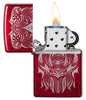 Lion Tattoo Design Candy Apple Red Windproof Lighter with its lid open and lit