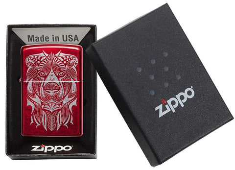 Lion Tattoo Design Candy Apple Red Windproof Lighter in packaging