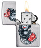 stylised Tattoo Design Brushed Chrome Windproof Lighter with its lid open and lit