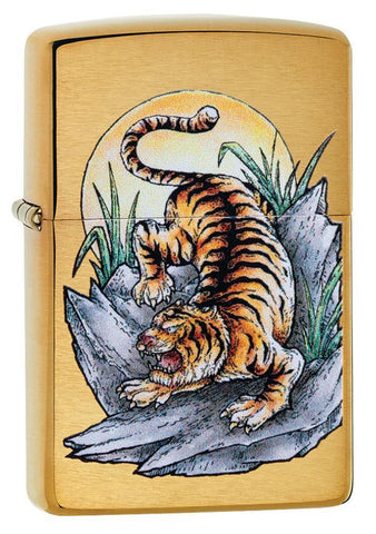 Tiger Tattoo Design Brushed Brass Windproof Lighter facing forward at a 3/4 angle