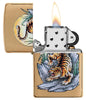 Tiger Tattoo Design Brushed Brass Windproof Lighter with its lid open and lit