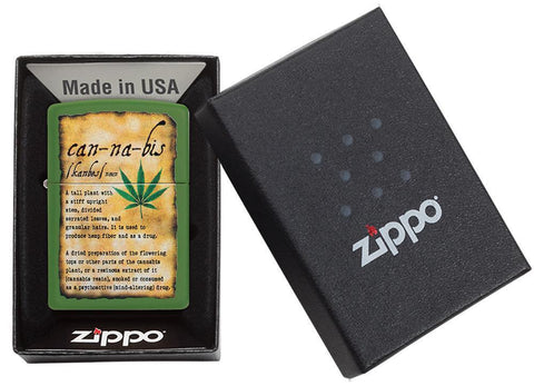 Cannabis Design Moss Green Matte lighter in packaging