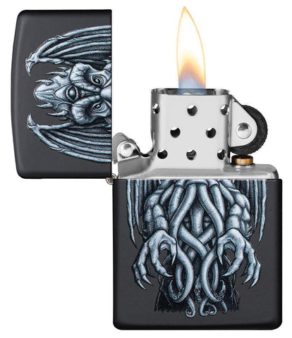Winged Monster Design Black Matte Windproof Lighter with its lid open and lit