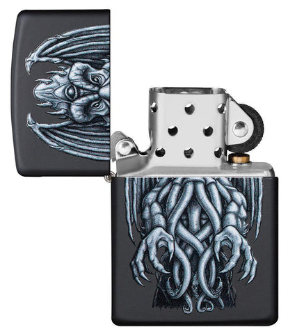Winged Monster Design Black Matte Windproof Lighter with its lid open and not lit