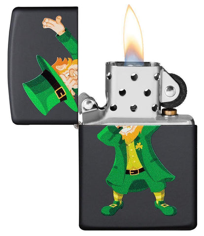 Dabbing Leprechaun Black Matte Windproof Lighter with its lid open and lit