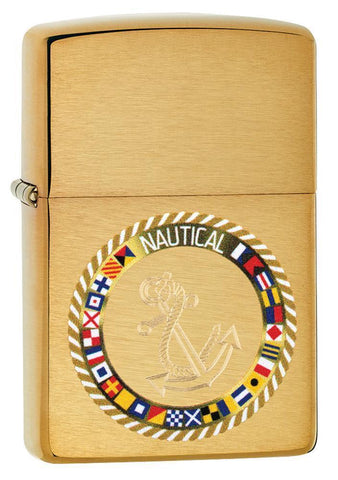 Nautical Flags Design Brushed Brass Windproof Lighter facing forward at a 3/4 angle