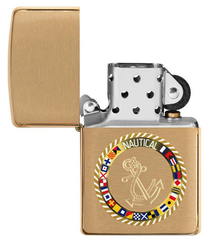 Nautical Flags Design Brushed Brass Windproof Lighter with its lid open and not lit