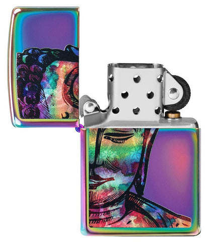 Bright Buddha Design Multi Color Windproof Lighter with its lid open and not lit