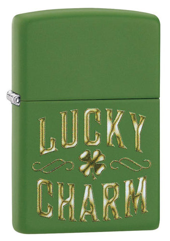 Lucky Charm Green Matte Windproof Lighter facing forward at a 3/4 angle