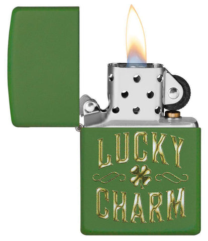 Lucky Charm Green Matte Windproof Lighter with its lid open and lit