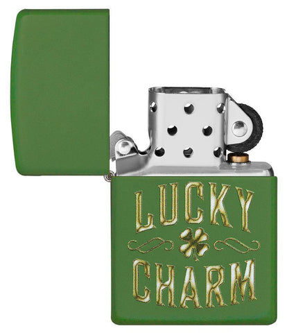 Lucky Charm Green Matte Windproof Lighter with its lid open and not lit