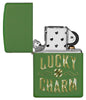 Lucky Charm Green Matte Windproof Lighter with its lid open and not lit