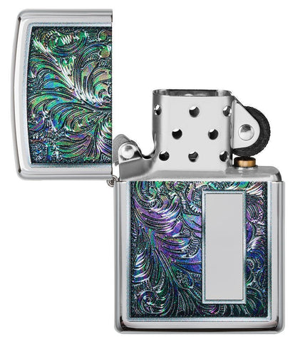 Colorful Venetian Design High Polish Chrome Windproof Lighter with its lid open and not lit