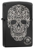 Anne Stokes Fancy Skull High Polish Black windproof lighter facing forward at a 3/4 angle
