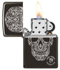 Anne Stokes Fancy Skull High Polish Black windproof lighter with its lid open and lit