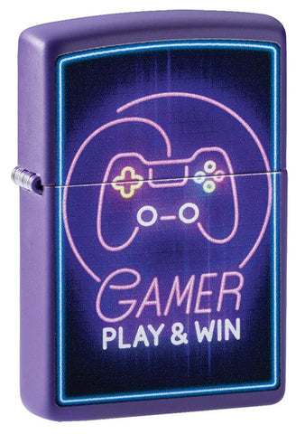Gamer Purple Matte windproof lighter facing forward at a 3/4 angle