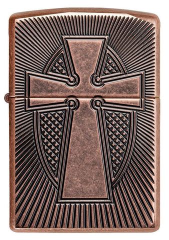 Front of Armor Deep Carve Cross Design Antique Copper Windproof Lighter