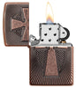 Armor Deep Carve Cross Design Antique Copper Windproof Lighter with its lid open and lit