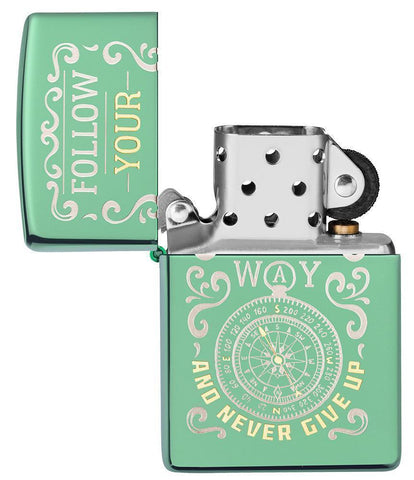 Follow Your Way High Polish Green Windproof Lighter with its lid open and not lit