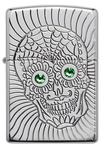 Front of Armor Sugar Skull Design High Polish Chrome Windproof Lighter