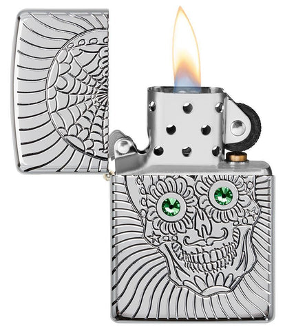 Armor Sugar Skull Design High Polish Chrome Windproof Lighter with its lid open and lit
