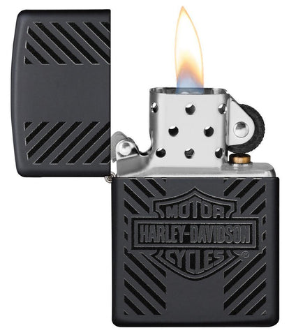 Harley-Davidson® Classic Logo Black Matte Windproof Lighter with its lid open and lit