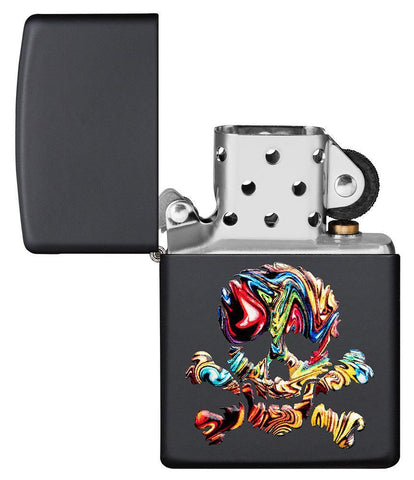 Skull Textured Black Matte windproof lighter with its lid open and not lit