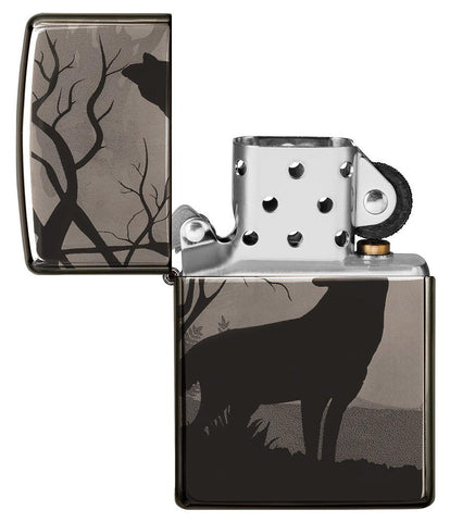 Wolves Design Photo Image 360° Black Ice Windproof Lighter with its lid open and not lit
