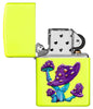 Mushroom Textured Print Neon Yellow Windproof Lighter with its lid open and not lit