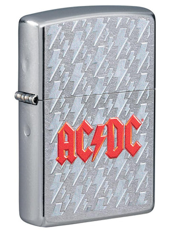 Front shot of AC/DC Lightning Logo Windproof Lighter standing at a 3/4 angle